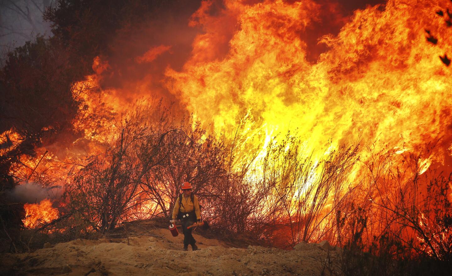 Firefighter Brandon Opliger with the U.S. Forest Service hotshots monitors the Marek Fire as it burns along Little Tujunga Canyon Road above Lake View Terrace.