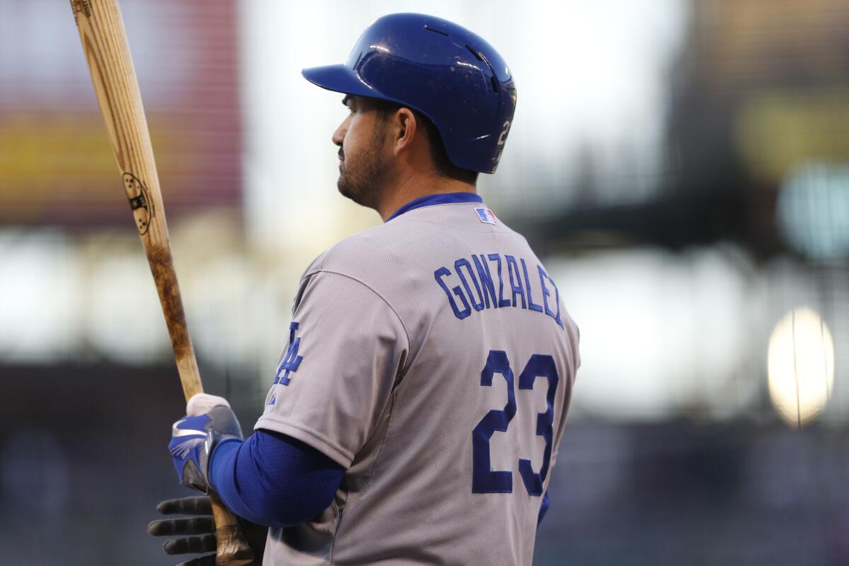 Dodgers first baseman Adrian Gonzalez waits to bat against the Colorado Rockies during the first inning of a game on Sept. 25.