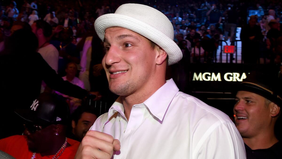 New England Patriots tight end Rob Gronkowski attends the Floyd Mayweather Jr.-Manny Pacquiao title bout at the MGM Grand in Las Vegas on May 2.