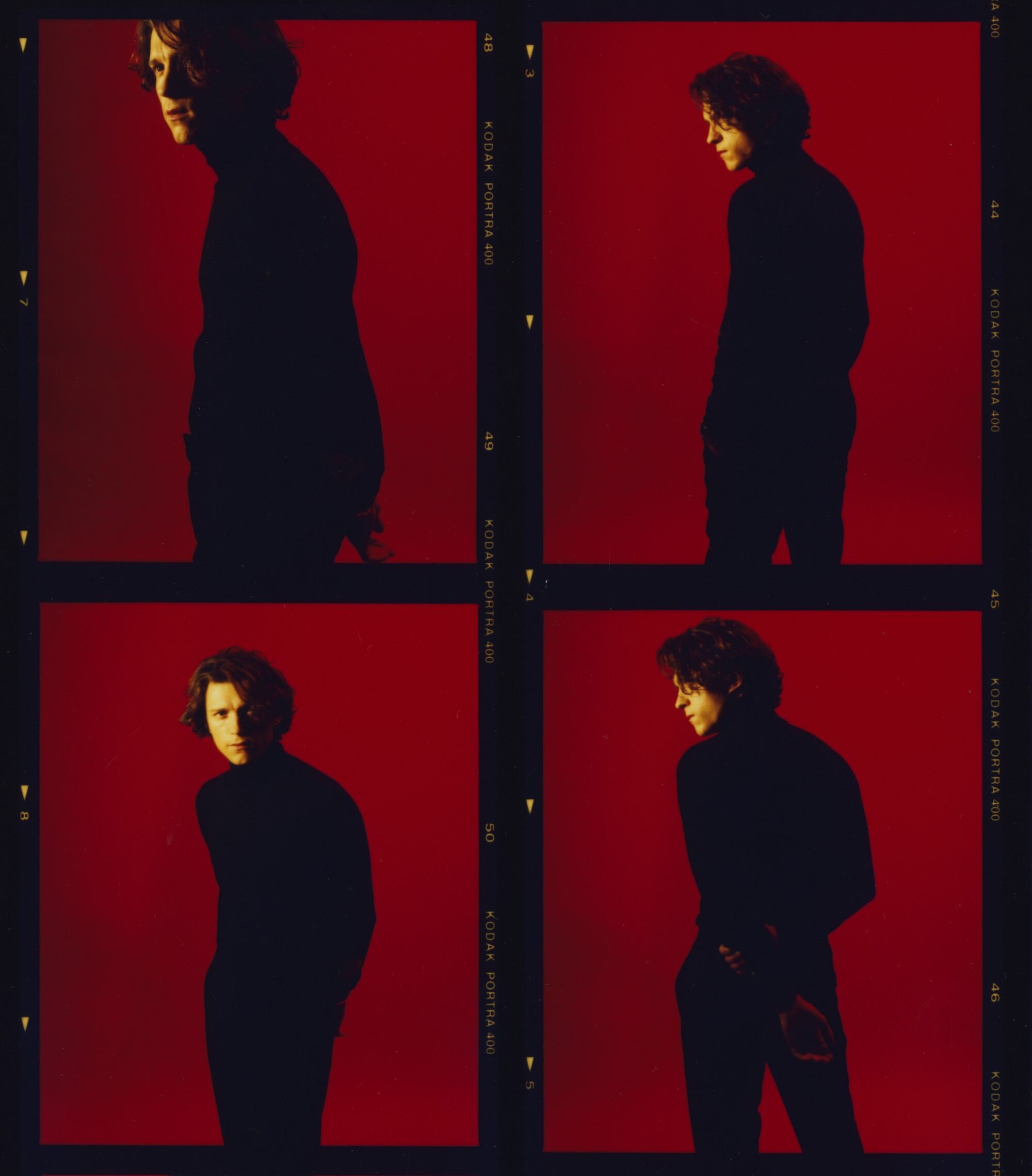  Four panels show photo portraits of Tom Holland against a deep red background.
