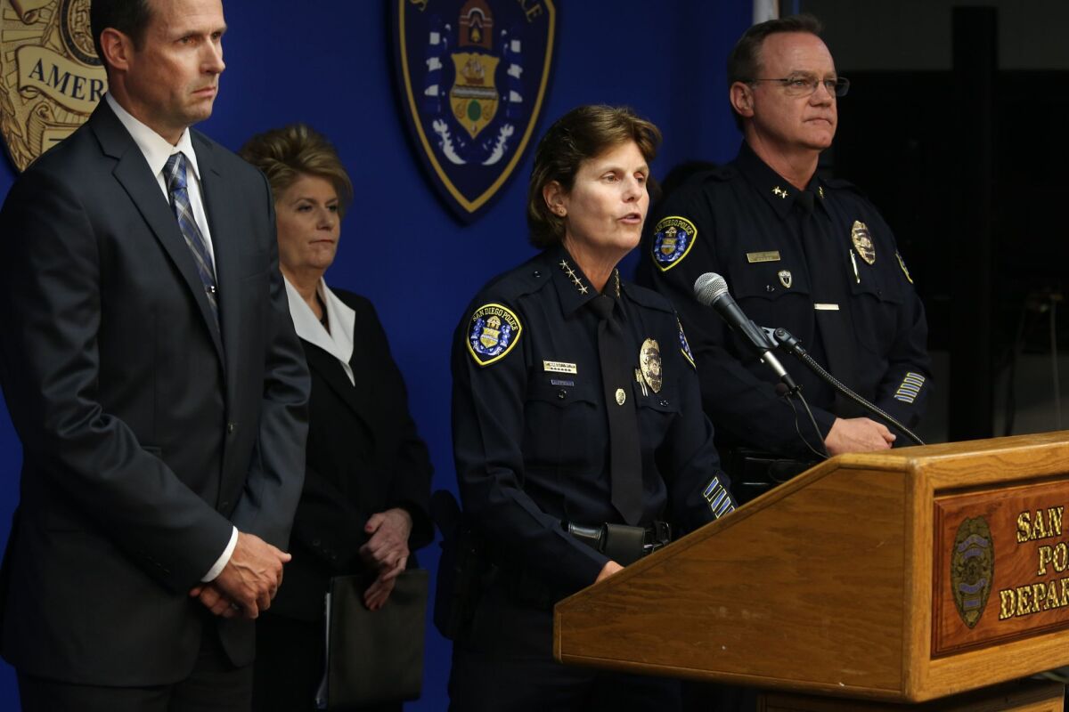 SDPD Chief Shelley Zimmerman announces the arrest in 14 year-old cold case involving the disappearance of two-year-old Jahi Turner. Behind her, left, are Investigative Captain David Nisleit, District Attorney Bonnie Dumanis, at right is Assistant Chief Terry McManus. — Peggy Peattie / San Diego Union-Tribune