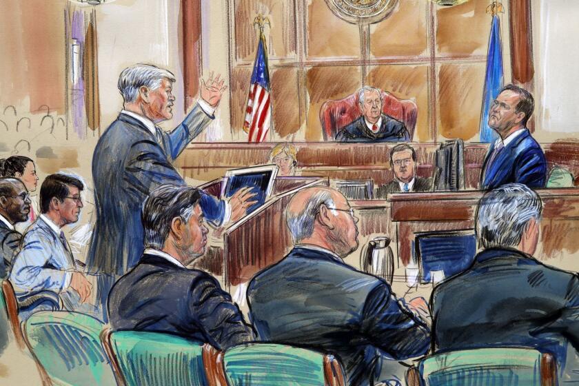 This courtroom sketch depicts defense lawyer Kevin Downing asking questions of Rick Gates, as former Donald Trump campaign chairman Paul Manafort, bottom front left, listens during Manafort's trial on bank fraud and tax evasion at federal court in Alexandria, Va., Tuesday, Aug. 7, 2018. U.S. District court Judge T.S. Ellis III presides. (Dana Verkouteren via AP)