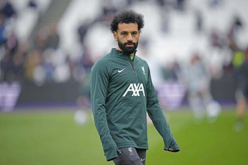 Liverpool's Mohamed Salah looks on before the English Premier League soccer match between West Ham United and Liverpool at London stadium in London, Saturday, April 27, 2024. (AP Photo/Kin Cheung)
