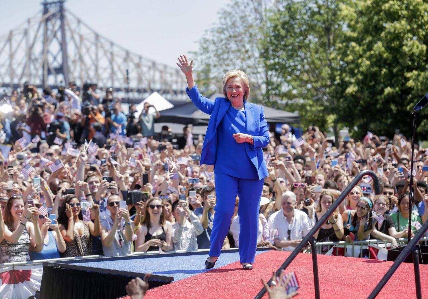 Hillary Clinton arrives on Roosevelt Island in New York on Saturday to officially launch her campaign for the Democratic Party's 2016 presidential nomination.