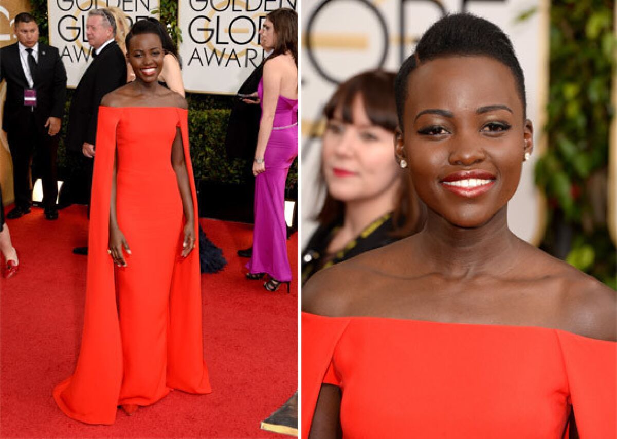 Actress Lupita Nyong'o in a red cape dress by Ralph Lauren at Sunday's Golden Globes.