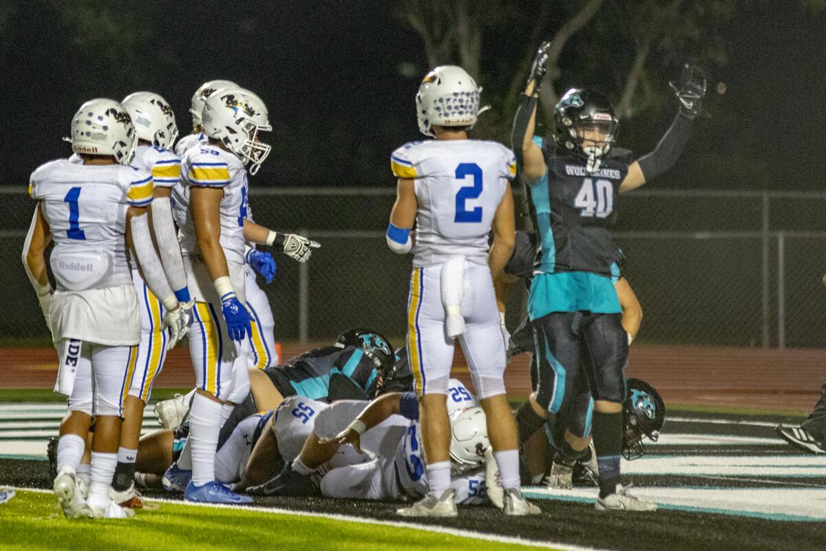 Aliso Niguel's Jack Gill, right, celebrates a touchdown.