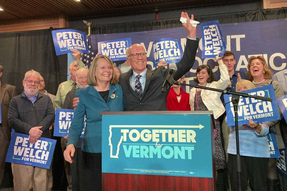 Democrat Peter Welch waves, Tuesday night, Nov. 8, 2022, in Burlington, Vt., after being elected to the U.S. Senate for Vermont. (AP Photo/Lisa Rathke)