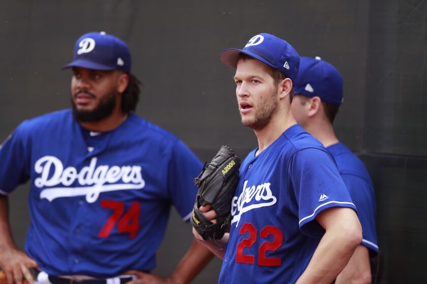 Los Angeles Dodgers starting pitcher Clayton Kershaw (22) stands with relief pitcher Kenley Jansen (74) and starting pitcher Rich Hill during workouts at the team's spring training baseball facility Wednesday, Feb. 14, 2018, in Glendale, Ariz. .(AP Photo/Carlos Osorio)