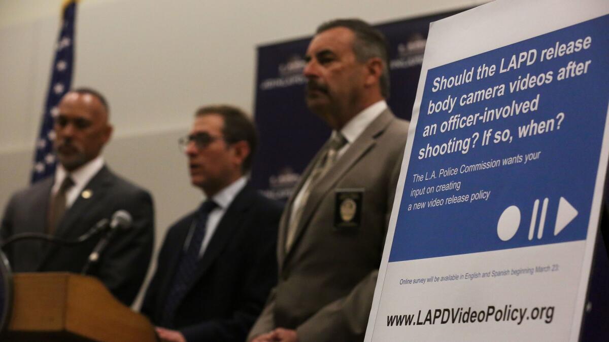 Police Commission President Matt Johnson, Policing Project director Barry Friedman and LAPD Chief Charlie Beck discuss efforts to gauge public feedback on when to release police video.