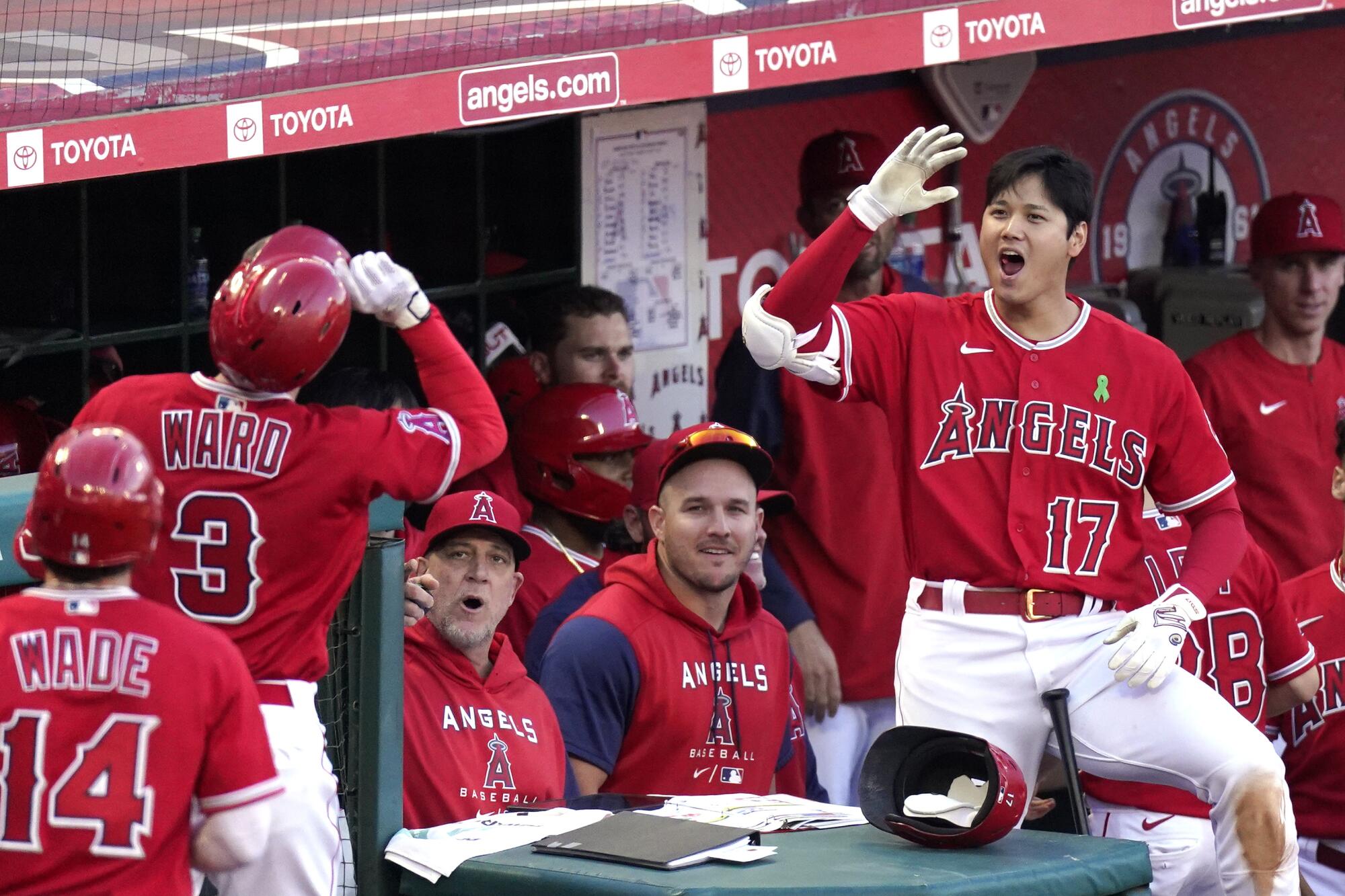 Angels star Shohei Ohtani raises his right arm as he's about to slap hands with teammate Taylor Ward, who hit a home run.