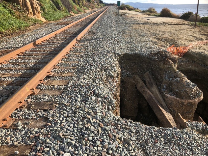 The location of a bluff collapse on Friday, Nov. 29, in Del Mar, south of Seagrove Park. North Country Transit Officials said that trains would continue to run, although at reduced speeds while engineers monitor the area.