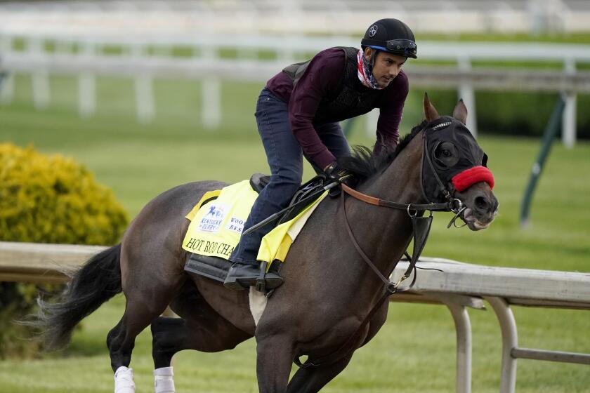 Kentucky Derby entrant Hot Rod Charlie works out Churchill Downs Wednesday, April 28, 2021, in Louisville, Ky. The 147th running of the Kentucky Derby is scheduled for Saturday, May 1. (AP Photo/Charlie Riedel)