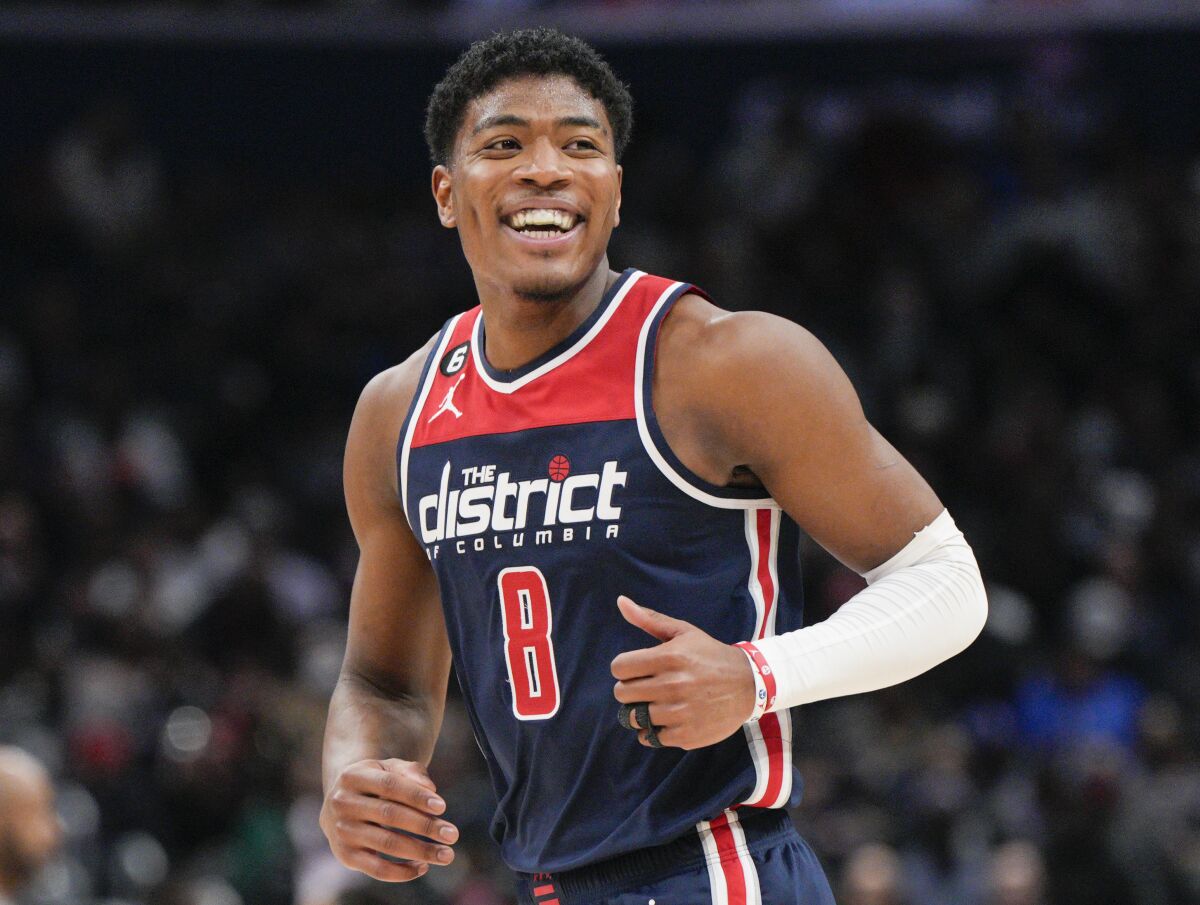 Rui Hachimura smiles while playing for the Washington Wizards