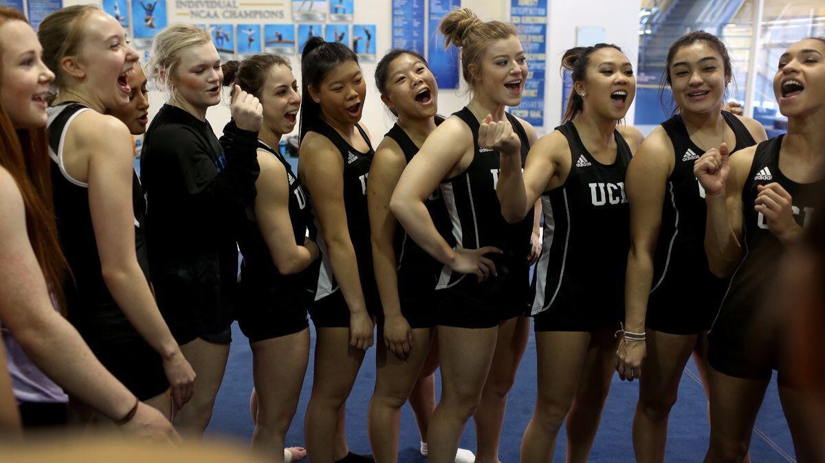 The UCLA women's gymnastics team gets ready for practice at the Wooden Center on the campus of UCLA on March 3.
