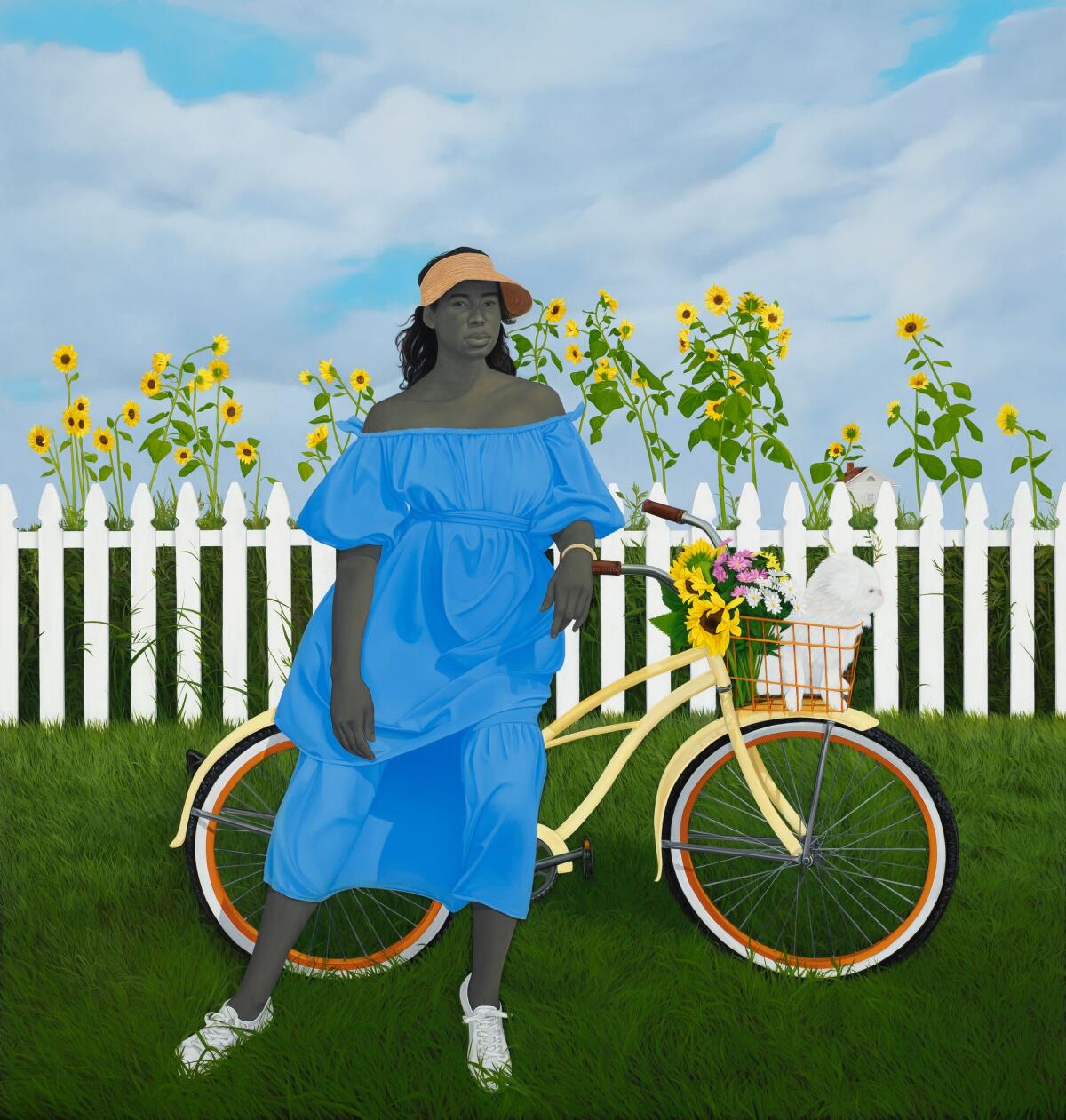 Painting of a woman in a blue dress leaning against a yellow bicycle.