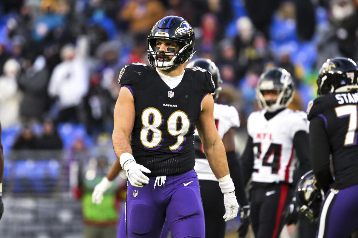 Baltimore Ravens tight end Mark Andrews looks on between plays during the second half against the Atlanta Falcons.