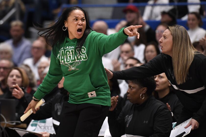 South Carolina head coach Dawn Staley reacts in the second half of an NCAA college basketball game against Uconn, Sunday, Feb. 5, 2023, in Hartford, Conn. (AP Photo/Jessica Hill)