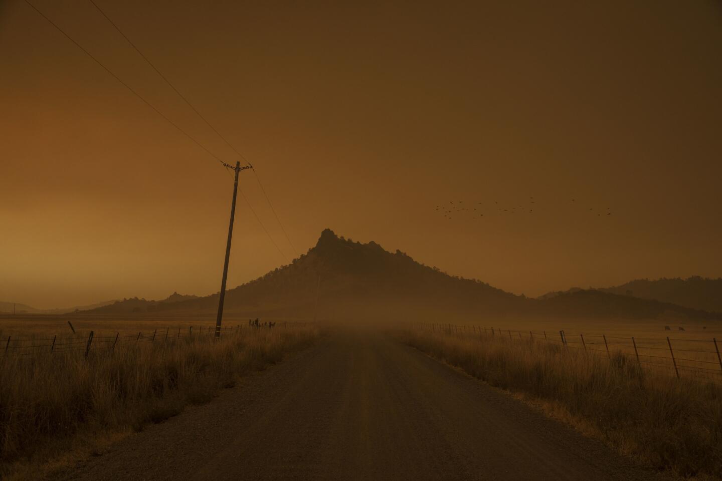 A layer of smoke fills the air as the Mendocino Complex fire burns in the wilderness of Mendocino National Forest near Lodoga, Calif., on Aug. 8, 2018.