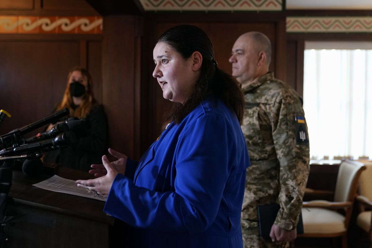 Ukraine's Ambassador to the United States Oksana Markarova speaks during a news conference at the Embassy of Ukraine in D.C.