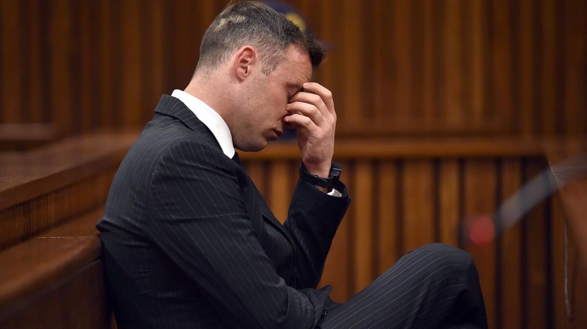 South African paralympian Oscar Pistorius at Pretoria High Court on June 13, 2016, during the sentencing hearing set to send him back to jail for killing his girlfriend three years ago.
