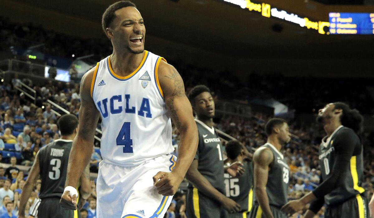 UCLA guard Norman Powell reacts after getting fouled on a drive to the basket in the second half of a 72-63 victory over Oregon on Feb. 14.