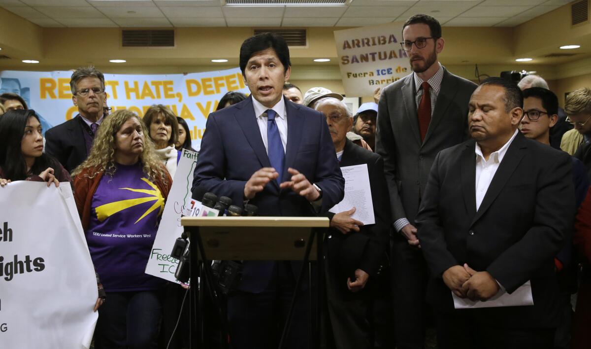 State Senate President Pro Tem Kevin de Leon discusses his measure, Senate Bill 54, on Jan. 31 in Sacramento. If approved by the Legislature and signed by the governor, the bill would prohibit local law enforcement from cooperating with federal immigration authorities.