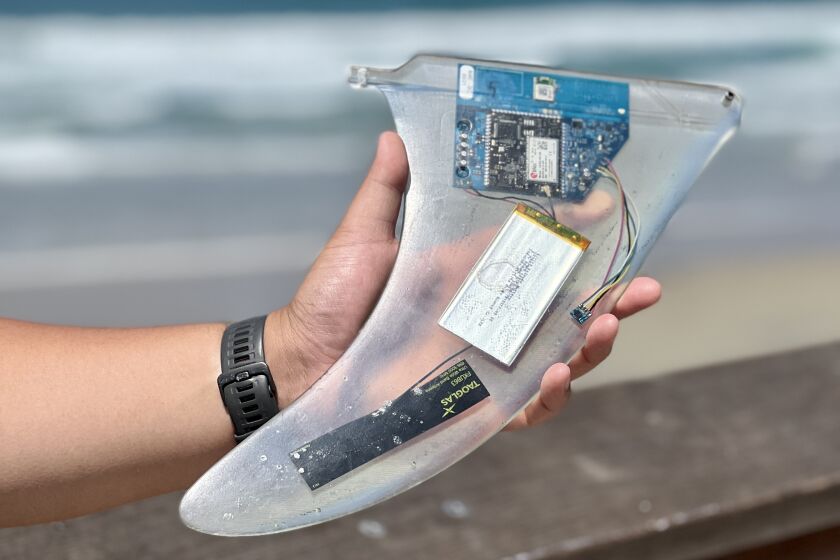 The Smartfin replaces a surfboard's fin to help scientists track temperature in the waves.
