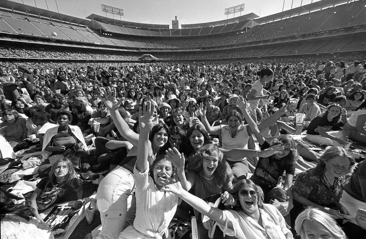 July 7, 1979: Fans arrived early to pack Dodger Stadium for a sell-out concert by the Bee Gees rock group.