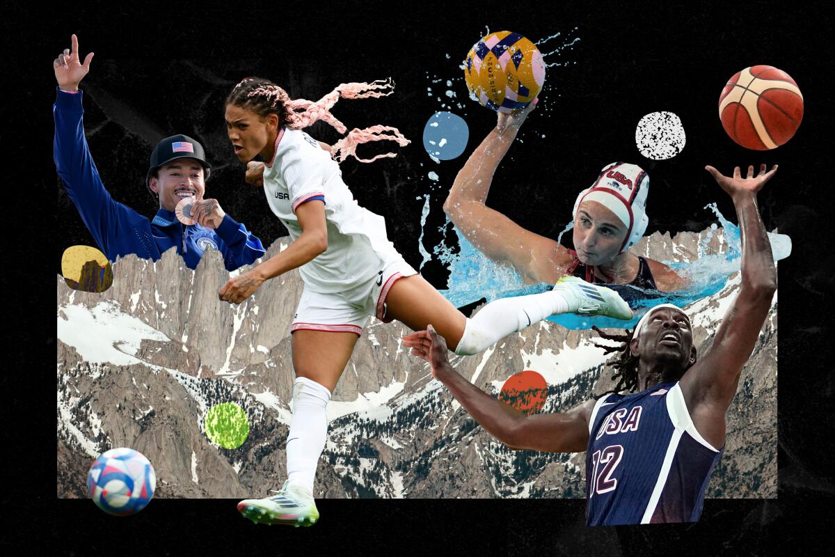 A collage including Nyjah Houston, Trinity Rodman, Maddie Musselman and Jrue Holiday featuring Mt. Whitney.