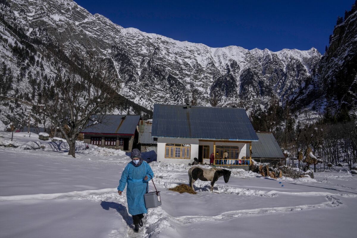 Masrat Farid, a healthcare worker, carries vaccines as she walks on a snow covered field after administering doses to young girls during a COVID-19 vaccination drive in Gagangeer, northeast of Srinagar, Indian controlled Kashmir, Jan. 12, 2022. (AP Photo/Dar Yasin)
