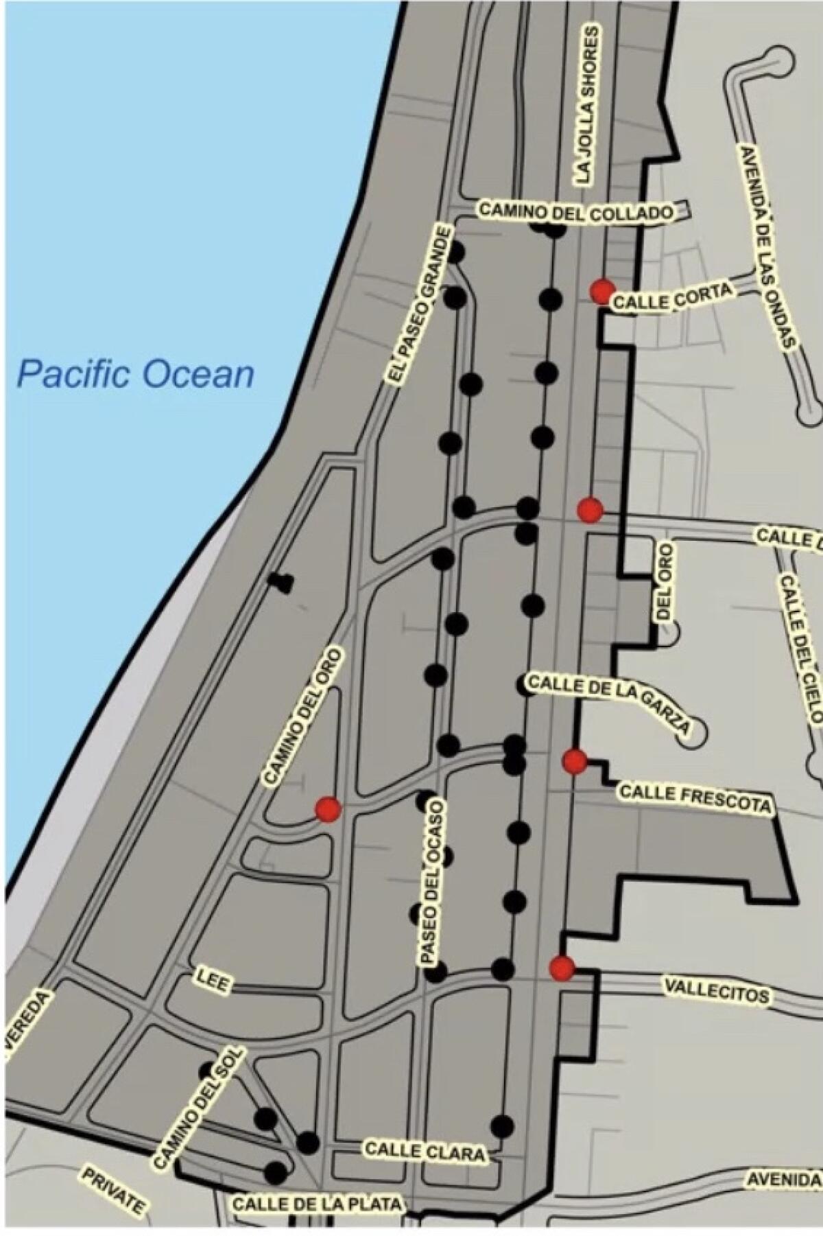 La Jolla Shores will get 37 replaced or new streetlights in the area shown; 