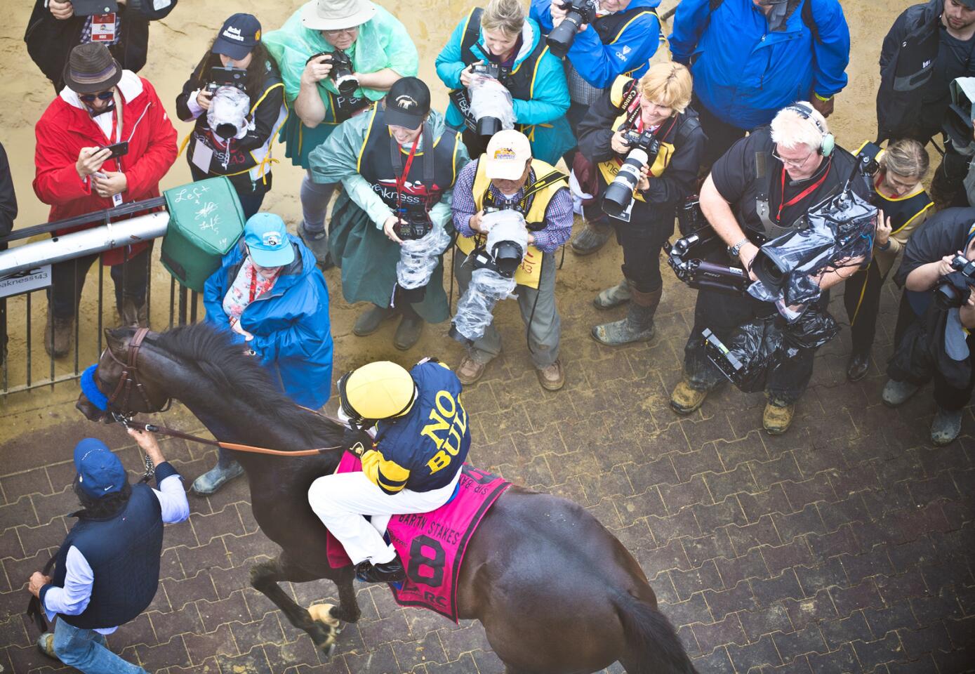 Mike E. Smith and Ax Man are surrounded by photographers after winning the Sir Barton Stakes, the 12th race in the 143rd Preakness Stakes at Pimlico in Baltimore.