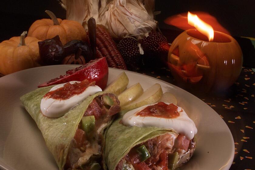 These tasty chicken burritos are wrapped in green tortillas and are ample fortification before an evening of trick-or-treating.