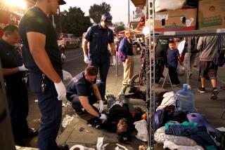 LOS ANGELES, CA - OCTOBER 9, 2024 - - Emergency medical technicians (EMTs) and paramedics with Los Angeles Fire Station 11 work to revive a man who overdosed at the corner of S. Alvarado and Wilshire Blvd. In MacArthur Park in Los Angeles on October 9, 2024. The EMT's were able to revive the man with narcan, used in fentanyl overdoses, and was taken to the hospital by ambulance. Station 11 is constantly called on to handle drug overdoses and other non-fire emergencies. (Photography by Genaro Molina) FYI EDITOR: STEVE LOPEZ SPOKE WITH HIS EDITORS ABOUT THIS SITUATION. WE WERE ON OUR OWN AND COULD ONLY ILLUSTRATE THE STORY BY CHASING AMBULANCES AND FIRETRUCKS FROM STATION 11 IN MACARTHUR PARK. THE JIST OF THIS STORY IS THAT FIREFIGHTERS ARE WORKING ON OVERDOSE/MEDICAL SITUATIONS MORE THAN COVERING FIRES.