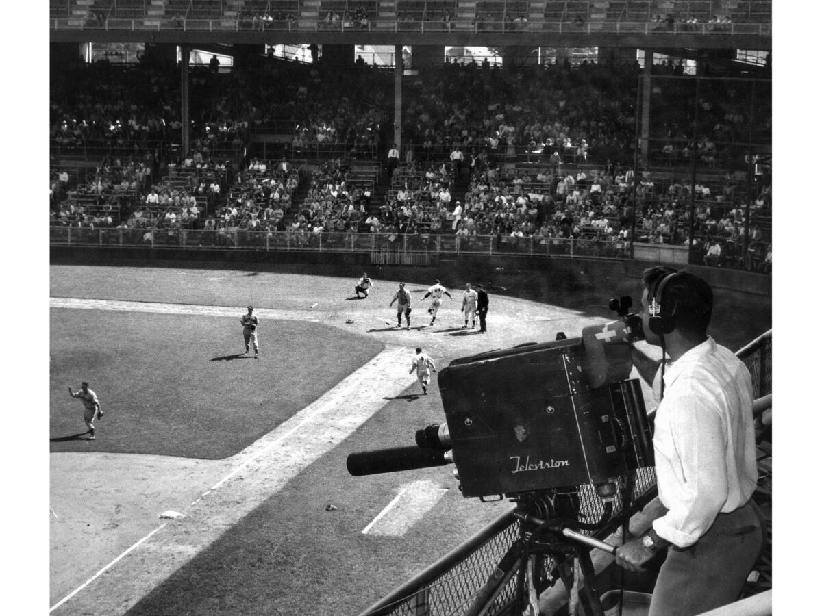 Sept. 26, 1948: A KTLA-TV camera covers an end-of-the-season double-header at Wrigley Field in Los Angeles.