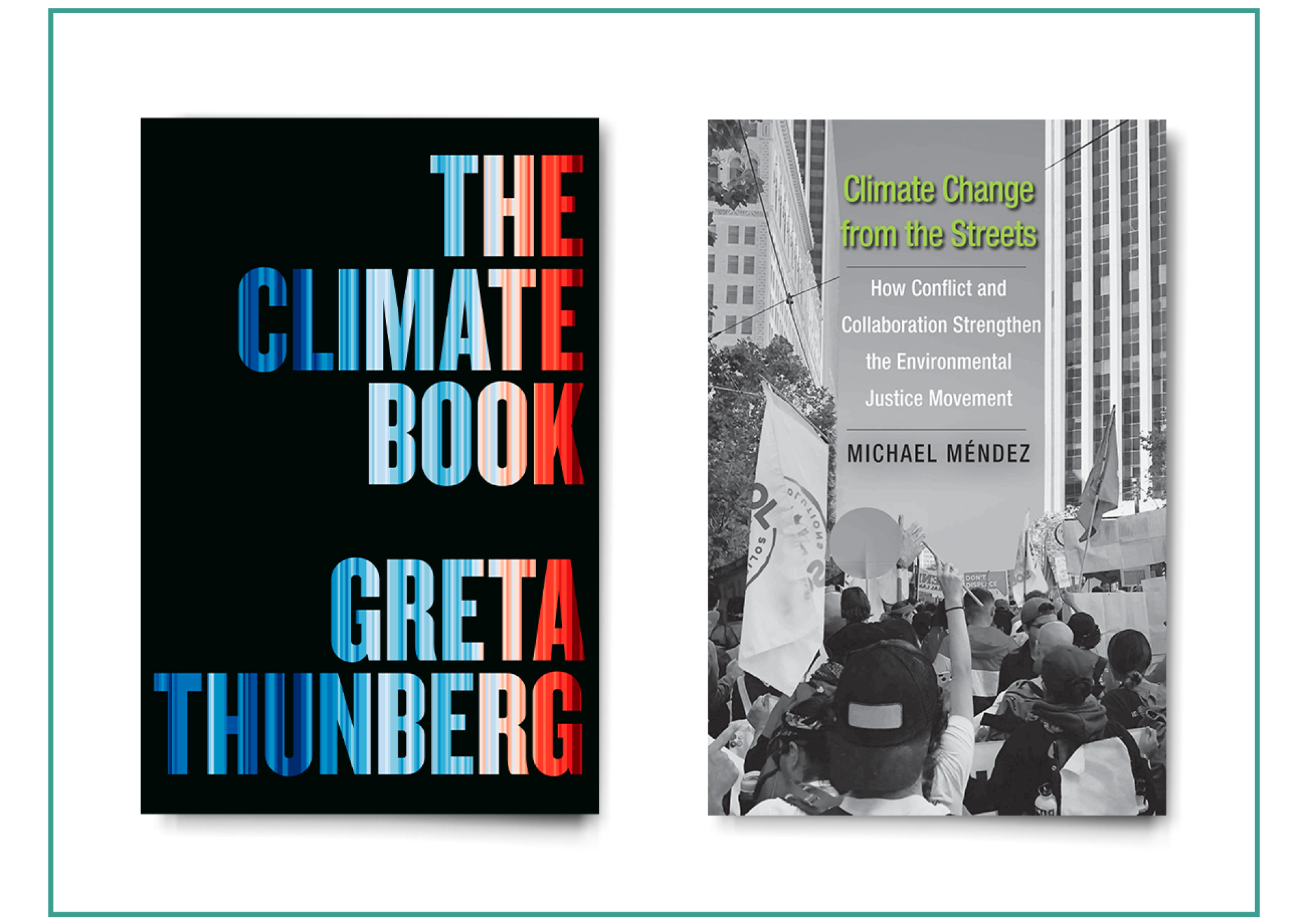 Book covers: "The Climate Book; Greta Thunberg" and "Climate Change from the Streets"