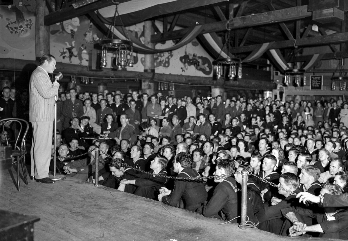 1945: Bob Hope performing for servicemen at the Hollywood Guild and Canteen.