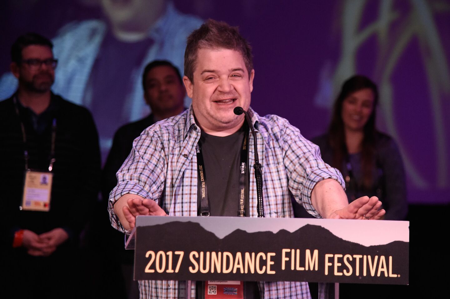 Comedian Patton Oswalt speaks onstage at the Shorts Program Awards and party at Jupiter Bowl.