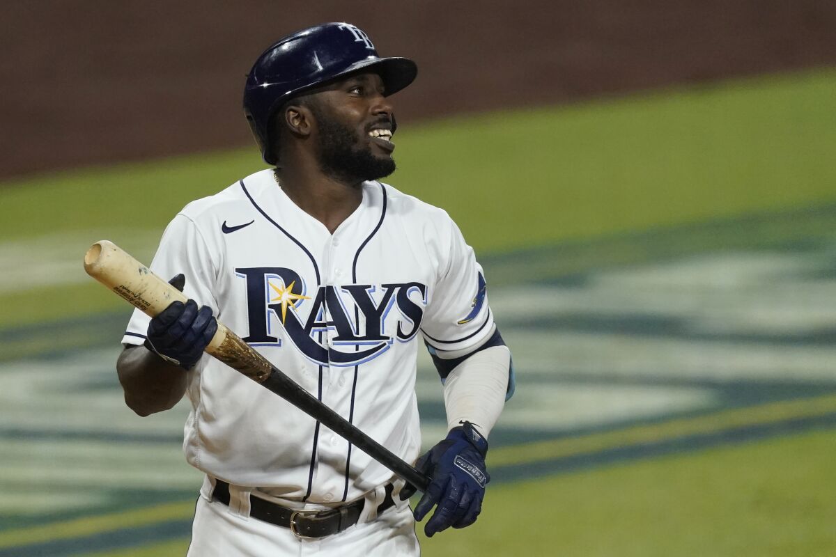 Randy Arozarena of the Tampa Bay Rays reacts during the fifth inning in Game 7 of the American League Championship Series.