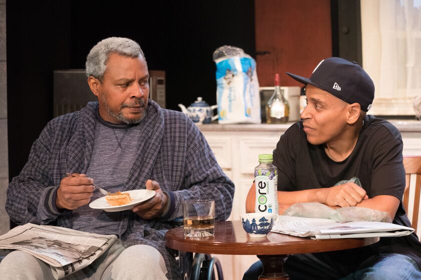 Montae Russell, left, and Victor Anthony in "Between Riverside and Crazy" at the Fountain Theatre in East Hollywood.
