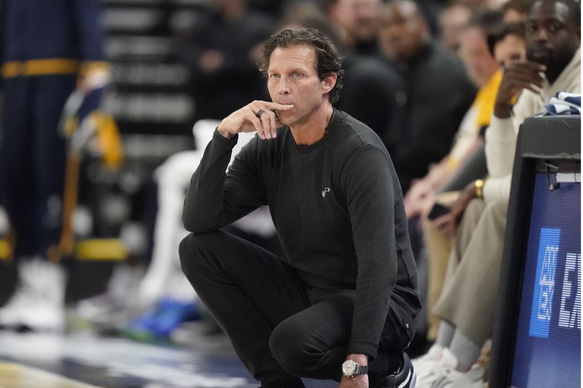 FILE - Utah Jazz head coach Quin Snyder looks on in the first half of Game 4 of an NBA basketball first-round playoff series, against the Dallas Mavericks, April 23, 2022, in Salt Lake City. Snyder resigned Sunday, June 5, 2022, as coach of the Jazz, ending an eight-year run where the team won nearly 60% of its games but never got past the second round of the playoffs. (AP Photo/Rick Bowmer, File)