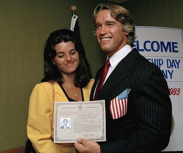 Arnold Schwarzenegger and Maria Shriver with Schwarzenegger's U.S. citizenship papers on Sept. 16, 1983.