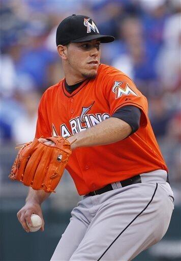 Miami Marlins pitcher Jose Fernandez throws in the first inning of a baseball game against the Kansas City Royals at Kauffman Stadium in Kansas City, Mo., Tuesday, Aug. 13, 2013. (AP Photo/Colin E. Braley)