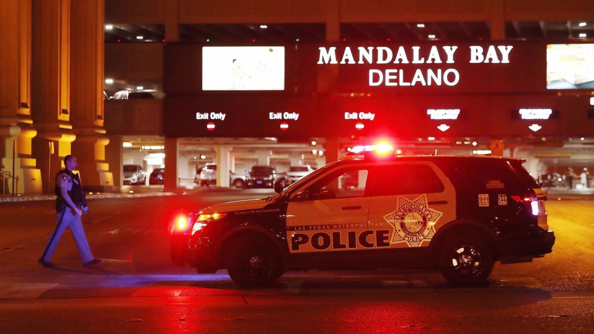 Las Vegas Metropolitan Police outside the Mandalay Bay hotel near the scene of the mass shooting at the Route 91 Harvest festival on Las Vegas Boulevard.