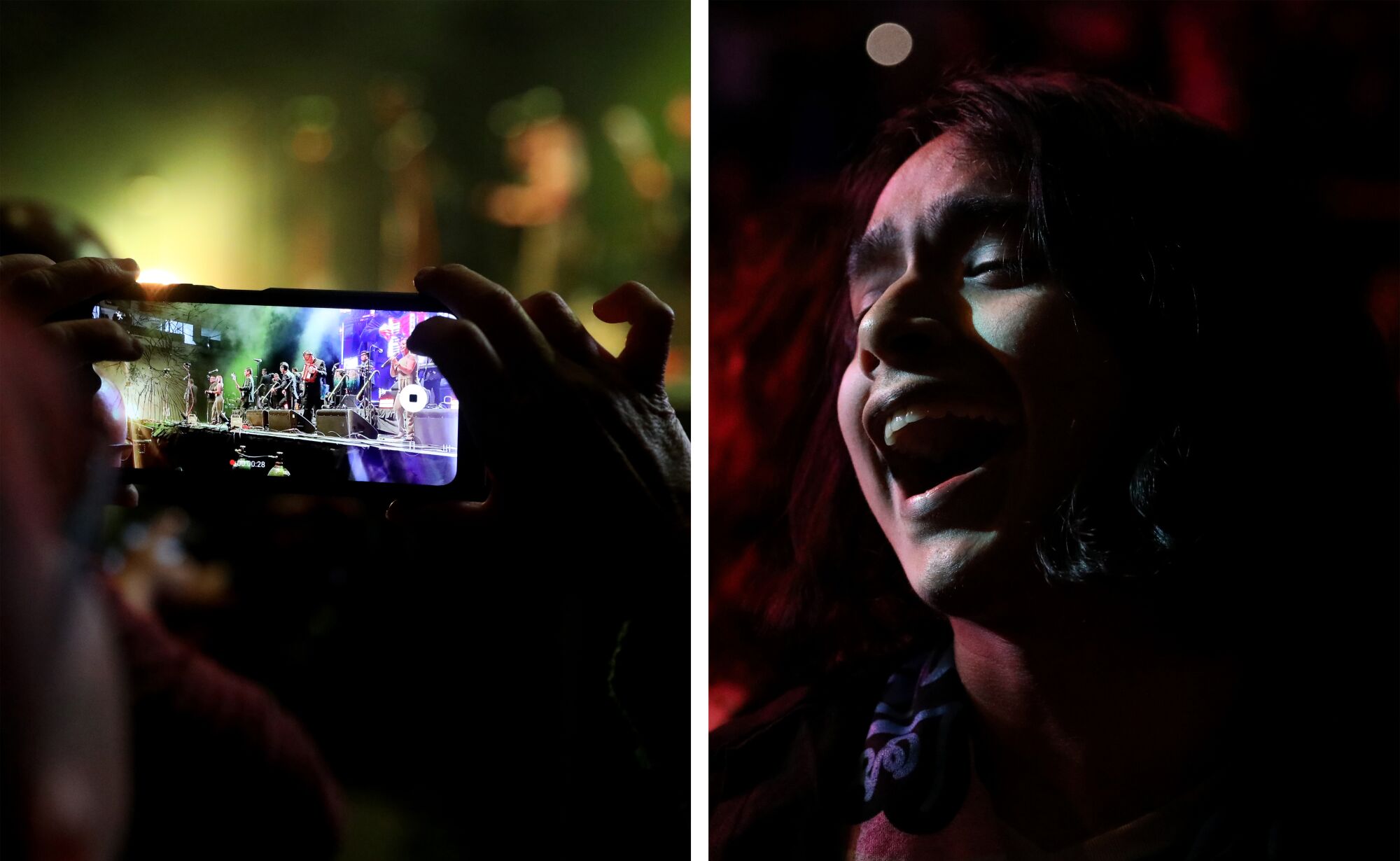 A fan, left, takes a video of Los Angeles Azules while they perform in Estero, FL. Fernando Zamora, 18, right, sings.
