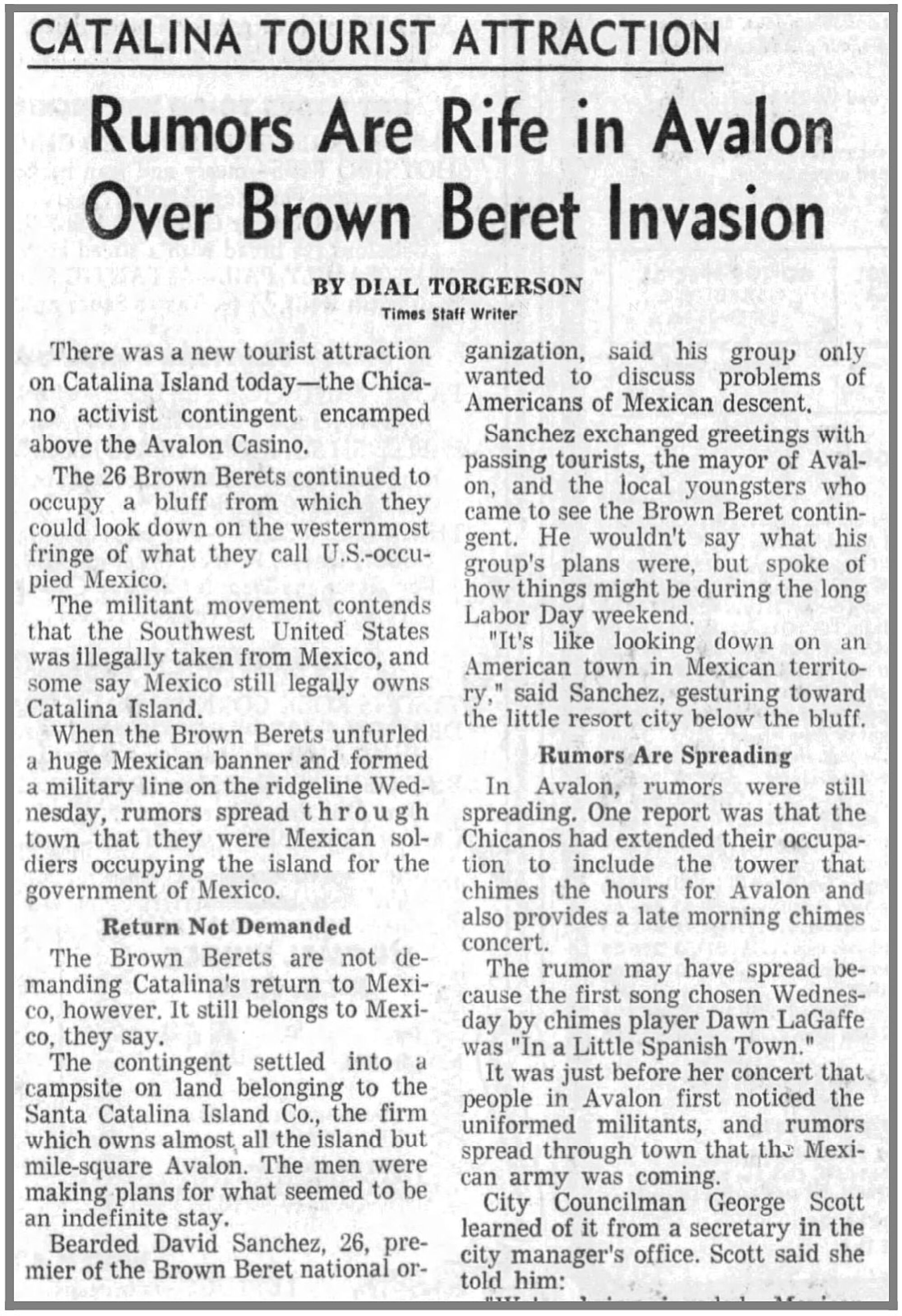 An L.A. Times article from 1972 headlined "Catalina tourist attraction: Rumors are rife in Avalon over Brown Beret invasion"