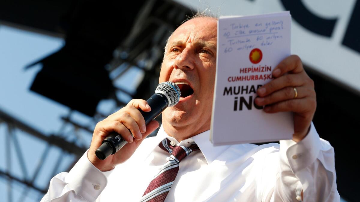 Muharrem Ince, the candidate of Turkey's main opposition party, speaks during an election rally in Ankara on Friday.