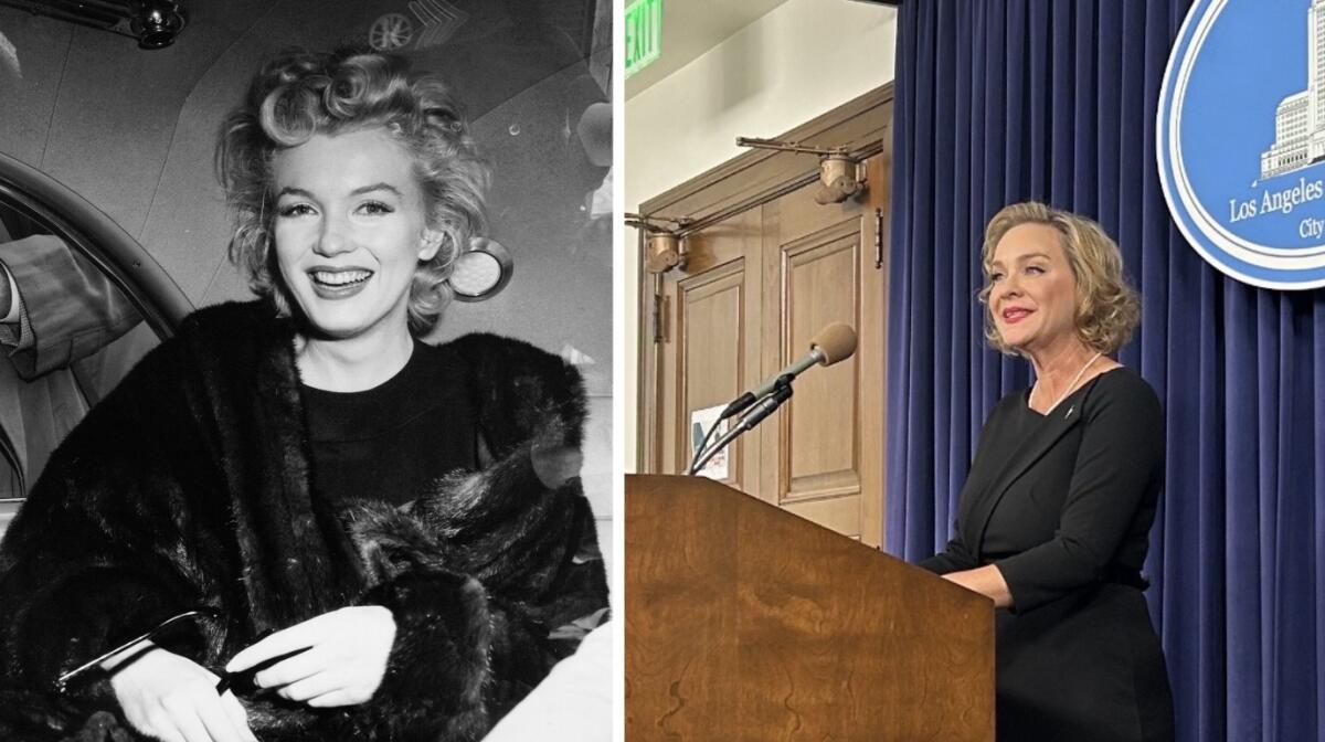 Separate photos of Marilyn Monroe in a fur coat and L.A. City Councilmember Traci Park at a lectern
