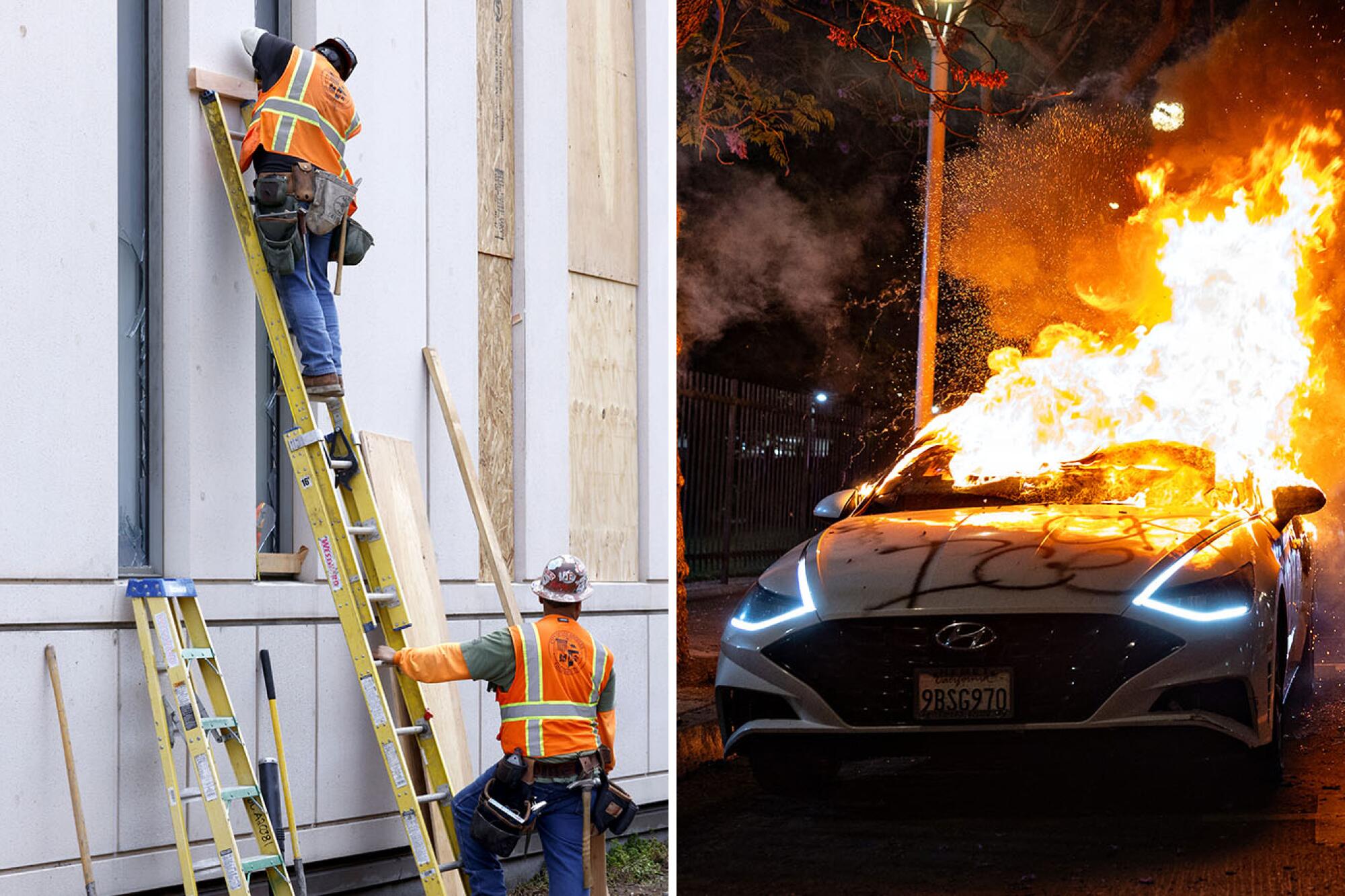 City workers, left, board up windows at Los Angeles Police Department headquarters. A car burned, right, on East 3rd Street.