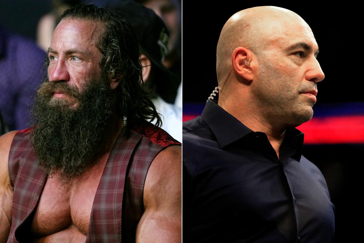 Liver King seated and wearing a vest left, and Joe Rogan in a button-down shirt